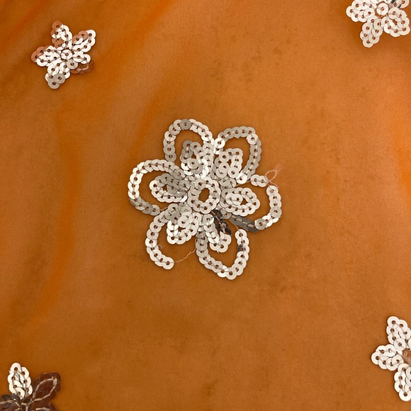 Orange Sheer Scarf With Sequins Embroidered Long - Picture 5 of 5